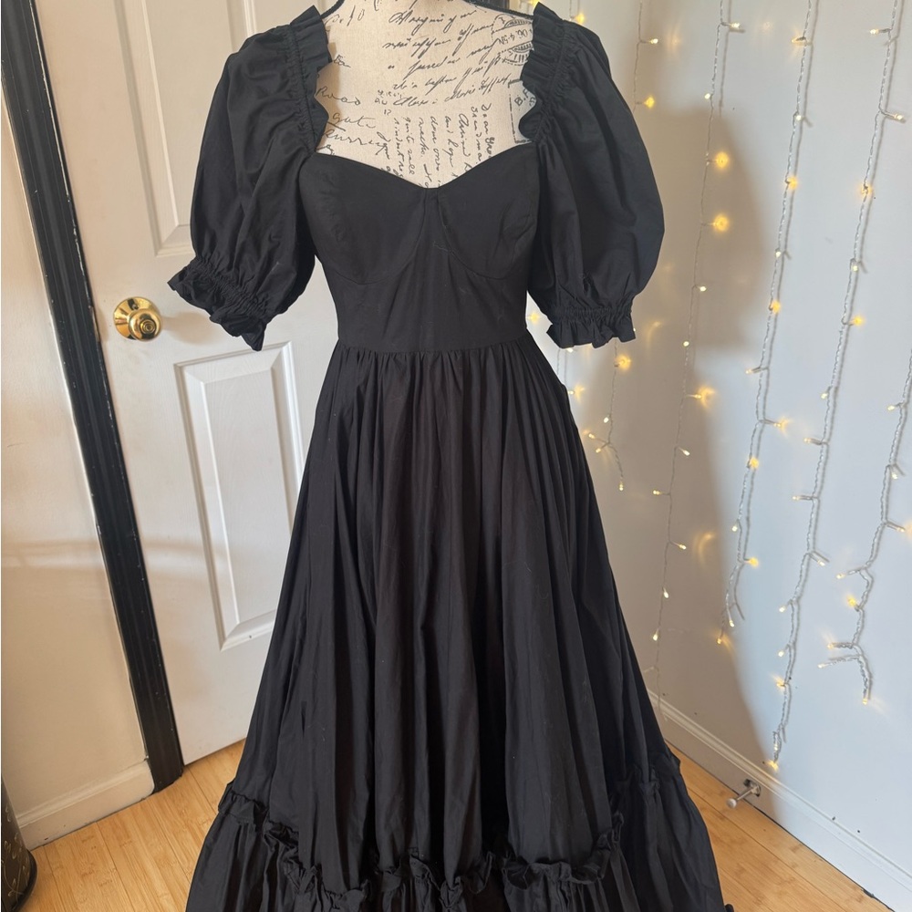 Selkie Black Ruched Puff Sleeve Sundress